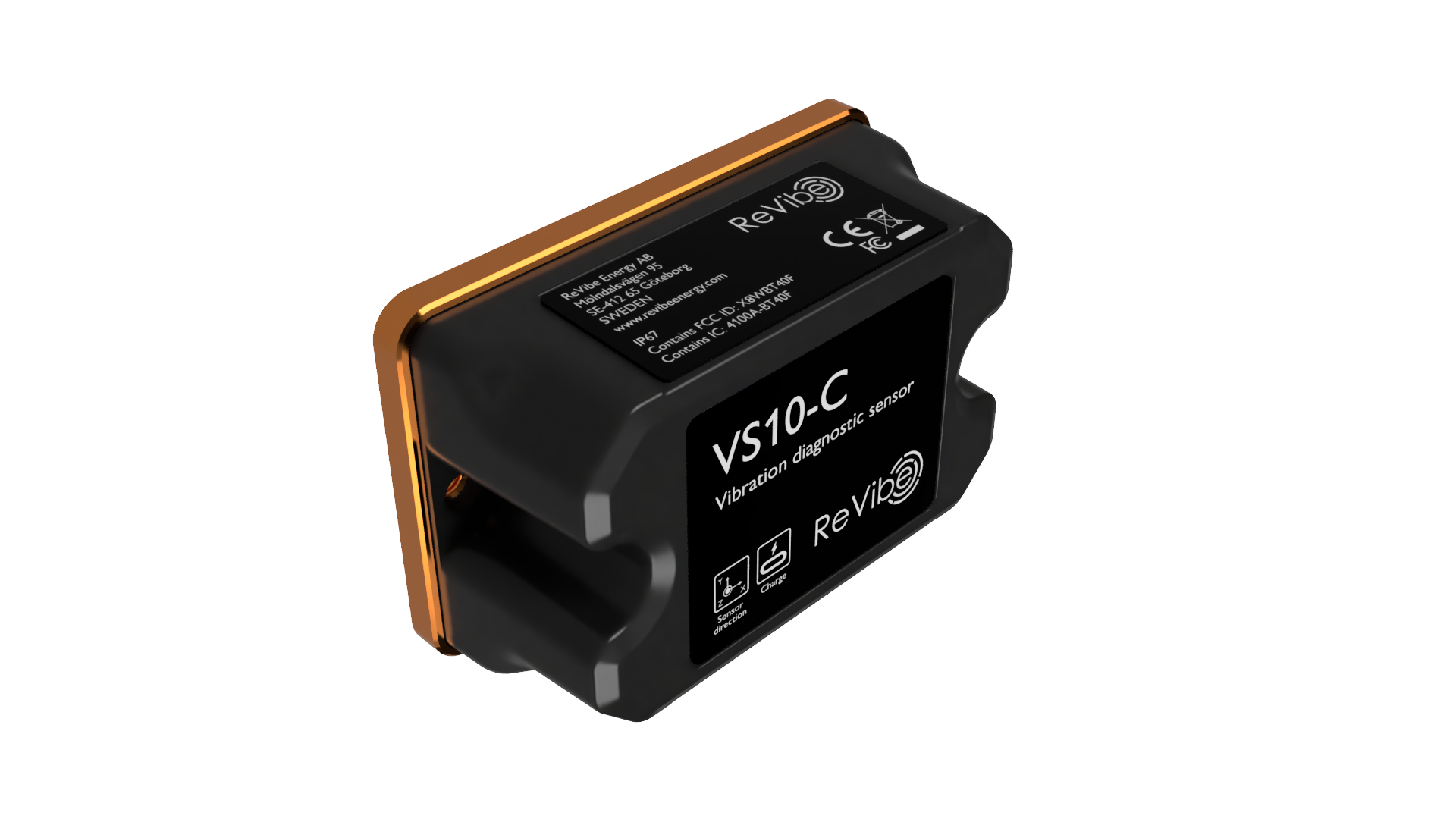 Corner view of a VS10-C unit showing the ReVibe branding, sensor direction and charge icons, and certification markings on its top panel.
