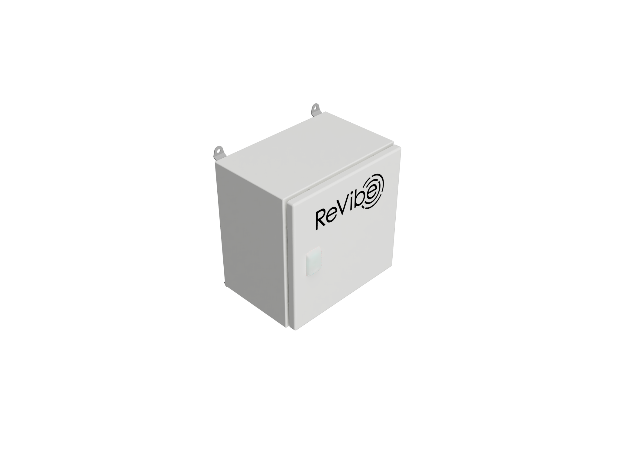 Corner view of the Anura Base Hub enclosure, a powder-coated steel cabinet with the ReVibe logo and latch on its front door.