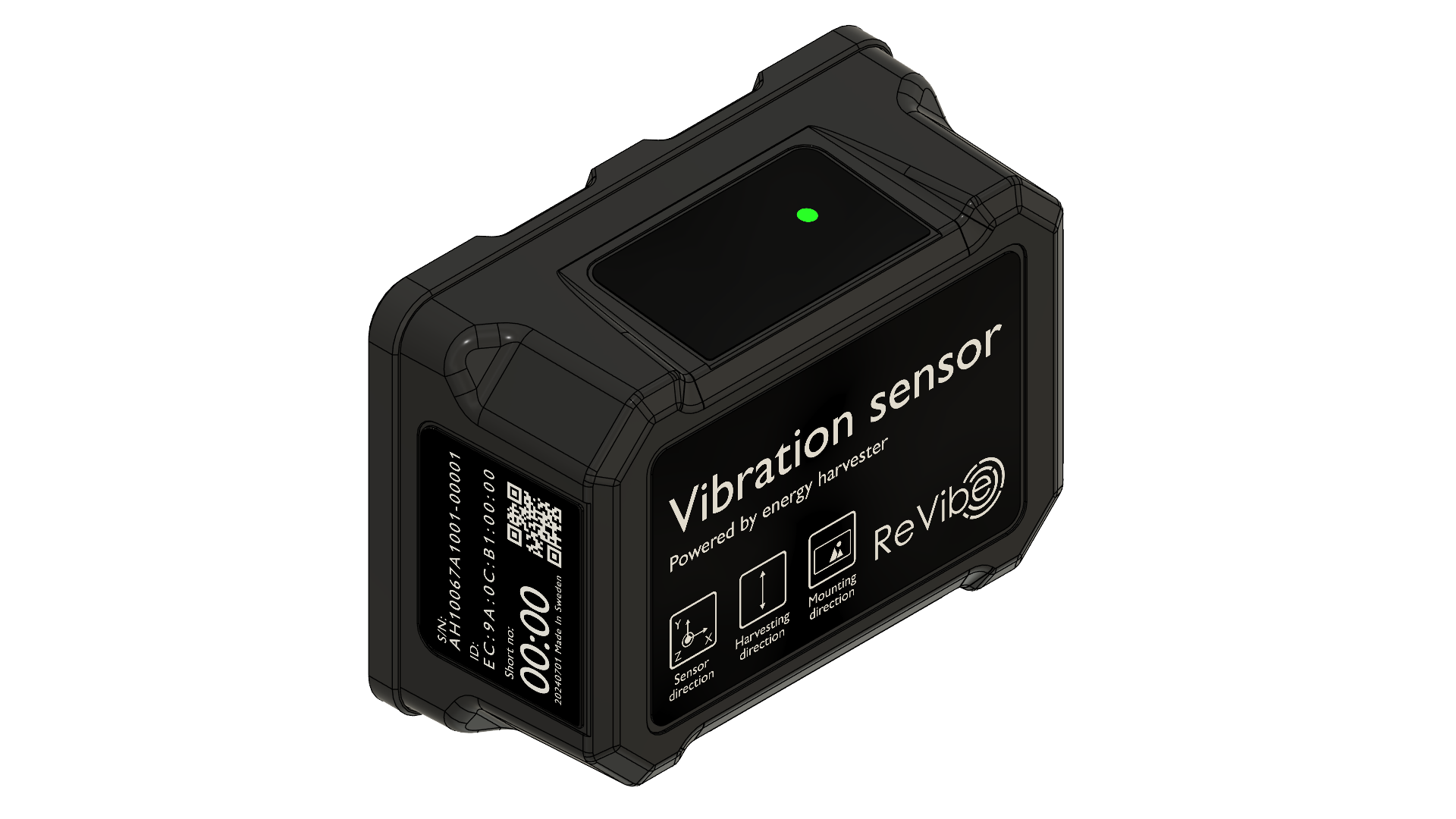 Corner view of a VS1 unit: front panel has installation text and symbols; left panel carries a sample device-unique ID label; top panel shows a status LED.